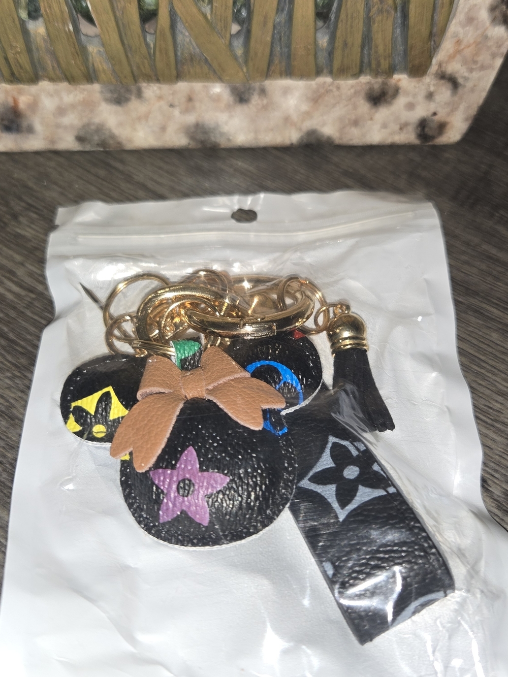 Designer-Inspired Black Floral Mickey Keychain